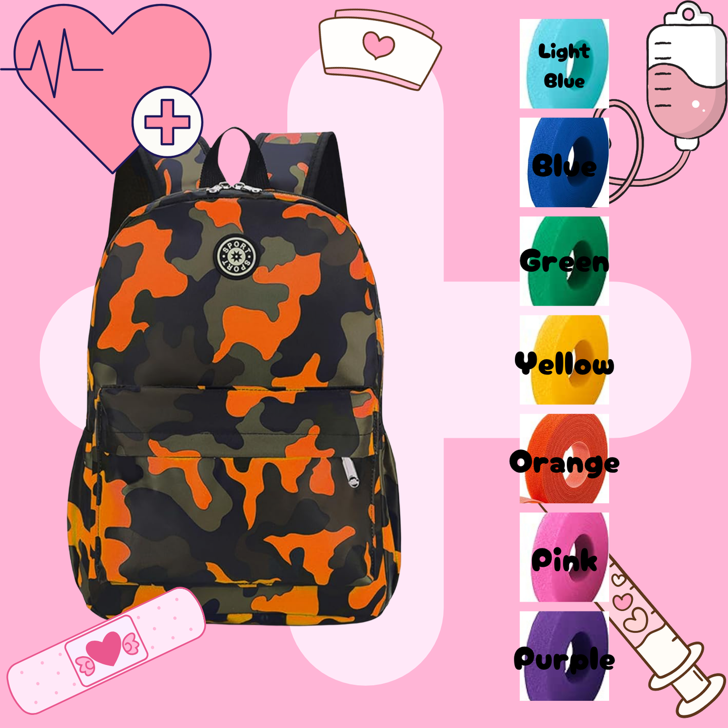 Orange Camo Tube Backpack, Tubie Backpack, Adapted Backpack